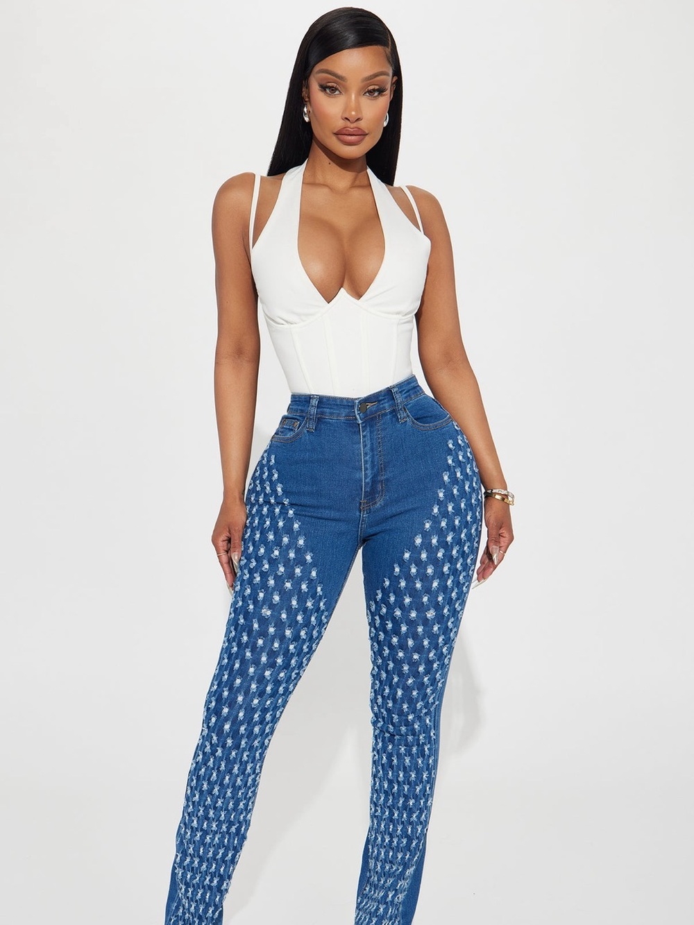 Fashion Nova High-Waist Patterned Blue Jeans